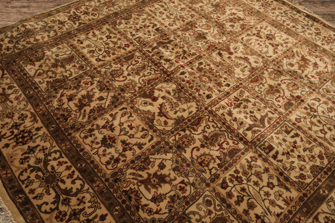 Square Ivory, Sage, Rust Color Hand Knotted Agra Wool Traditional Oriental Rug