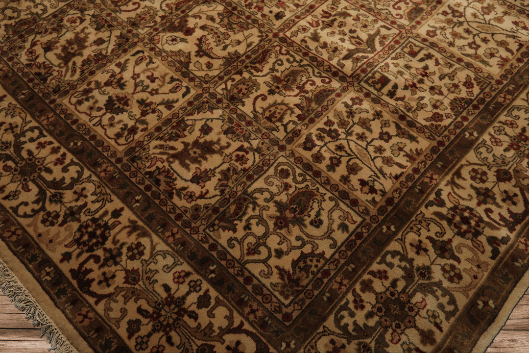 Square Ivory, Sage, Rust Color Hand Knotted Agra Wool Traditional Oriental Rug