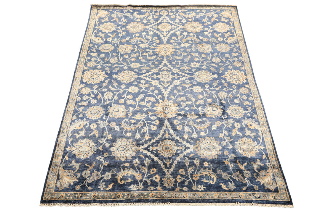 6x9 Navy, Gray, Moss Color Hand Knotted Oushak Viscose Traditional Oriental Rug