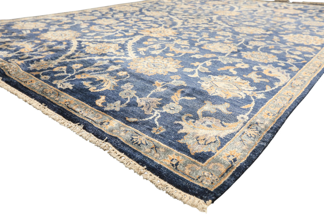 6x9 Navy, Gray, Moss Color Hand Knotted Oushak Viscose Traditional Oriental Rug