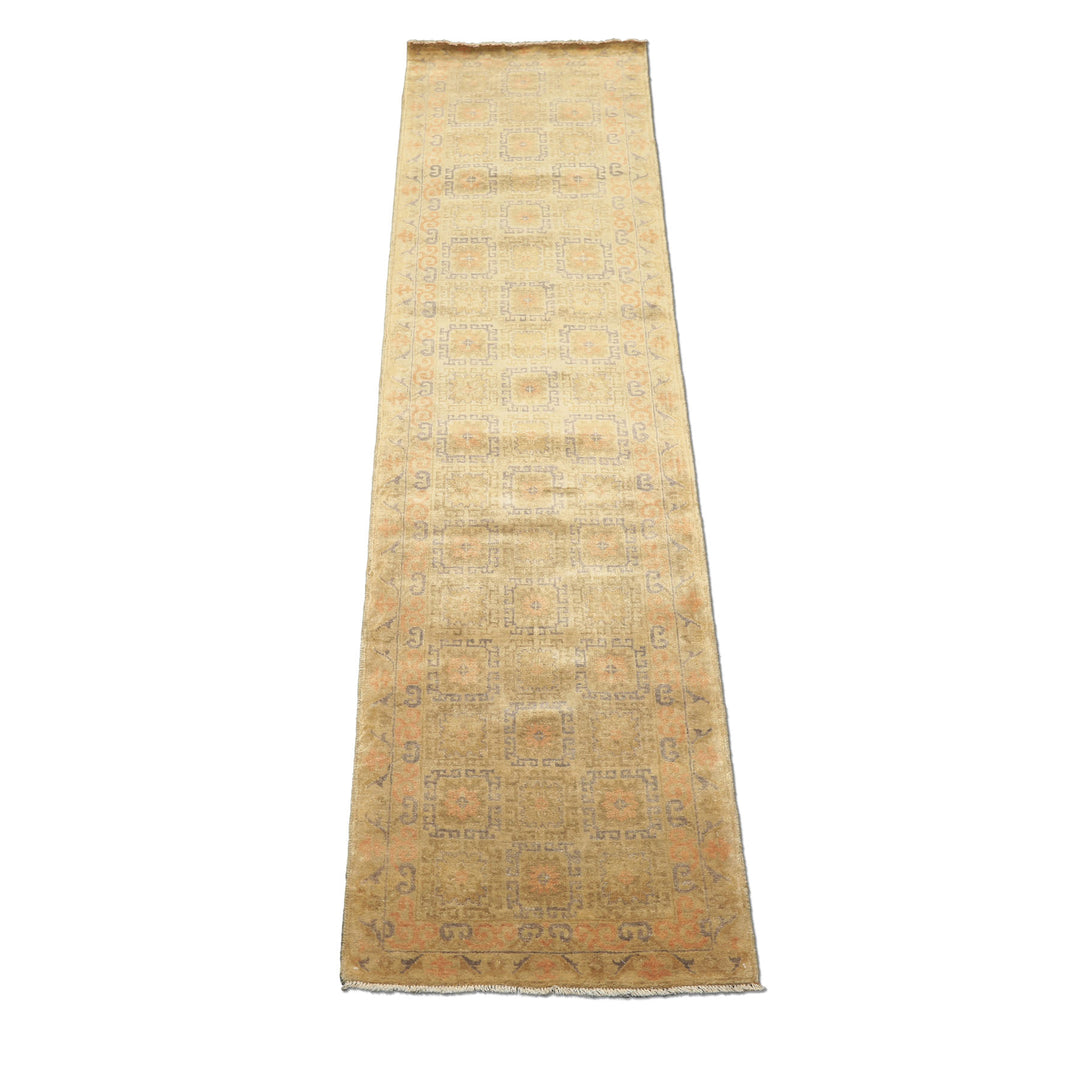 Runner Mint, Beige, Gray Color Hand Knotted Oushak Wool Transitional Oriental Rug