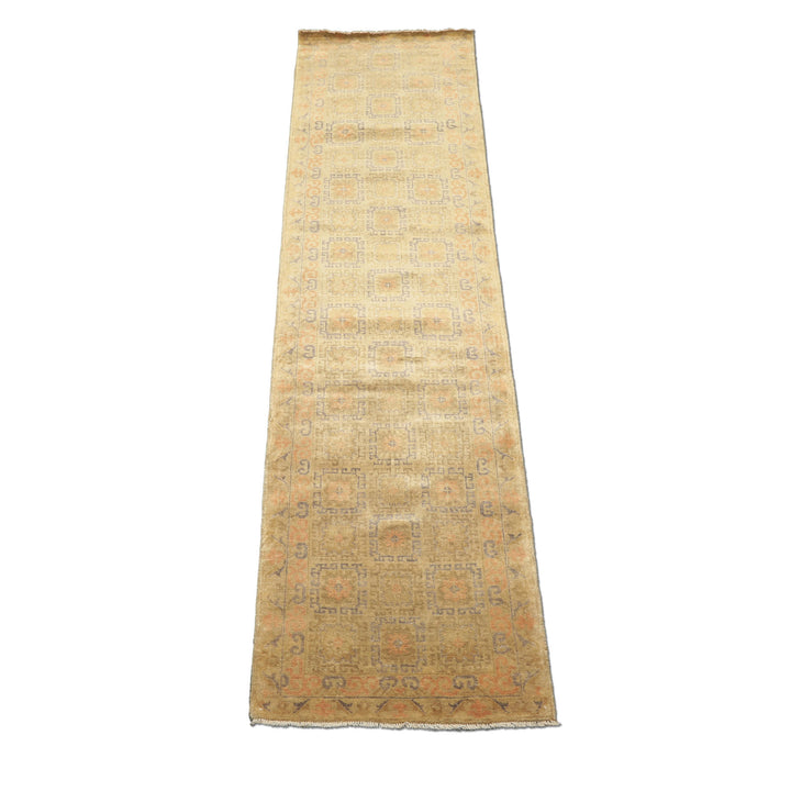 Runner Mint, Beige, Gray Color Hand Knotted Oushak Wool Transitional Oriental Rug