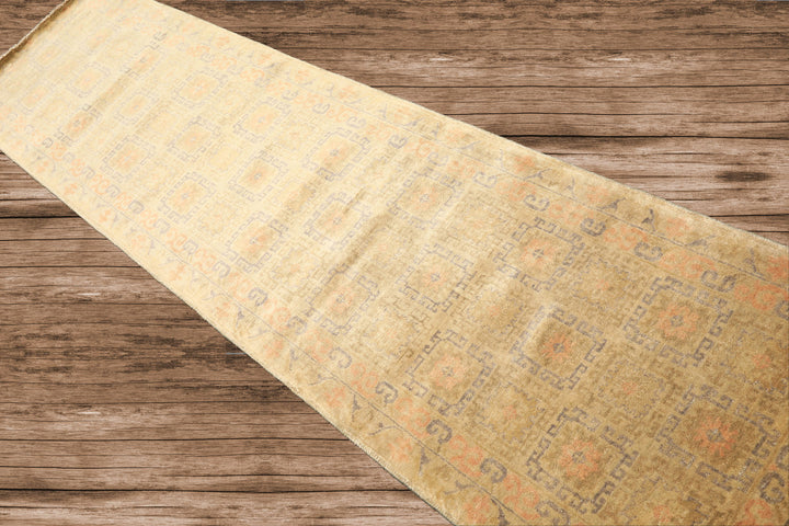 Runner Mint, Beige, Gray Color Hand Knotted Oushak Wool Transitional Oriental Rug