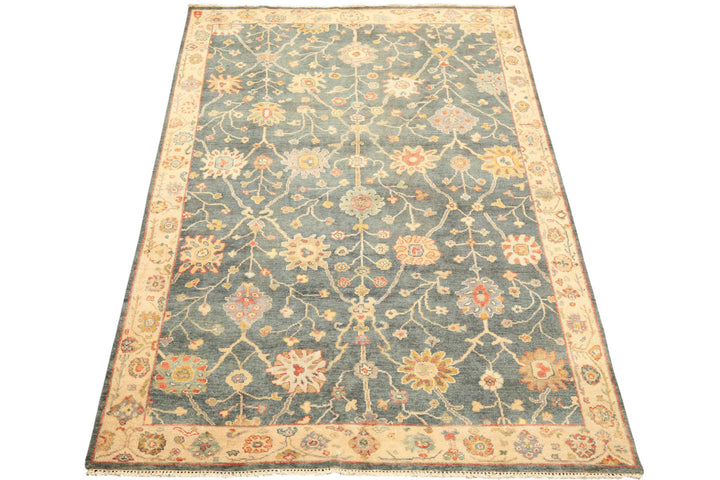 6x9 Teal, Green, Ivory Color Hand Knotted Oushak Wool Traditional Oriental Rug