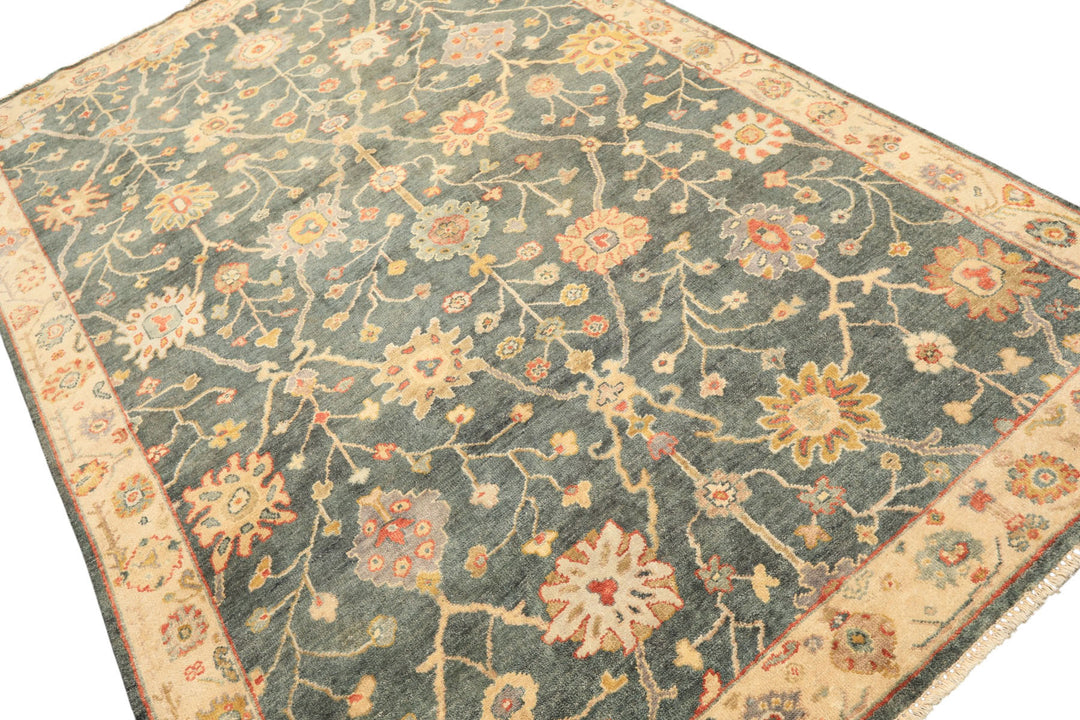 6x9 Teal, Green, Ivory Color Hand Knotted Oushak Wool Traditional Oriental Rug