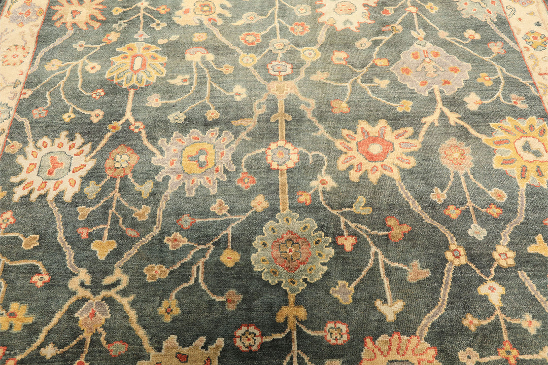 6x9 Teal, Green, Ivory Color Hand Knotted Oushak Wool Traditional Oriental Rug