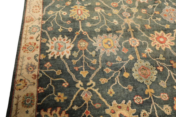 6x9 Teal, Green, Ivory Color Hand Knotted Oushak Wool Traditional Oriental Rug