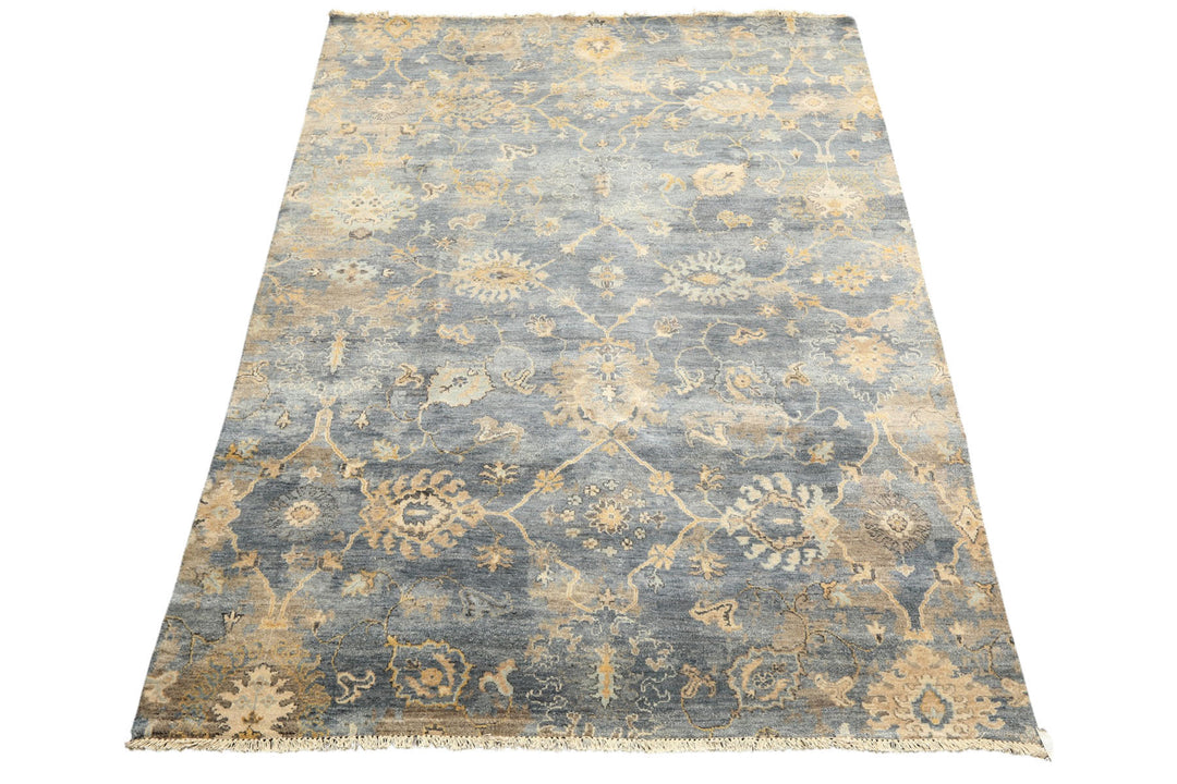 6x9 Slate, Blue, Beige Color Hand Knotted Oushak Wool Transitional Oriental Rug