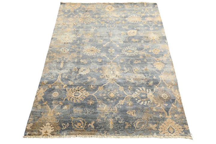 6x9 Slate, Blue, Beige Color Hand Knotted Oushak Wool Transitional Oriental Rug