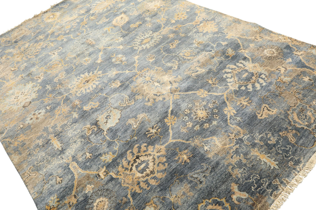6x9 Slate, Blue, Beige Color Hand Knotted Oushak Wool Transitional Oriental Rug