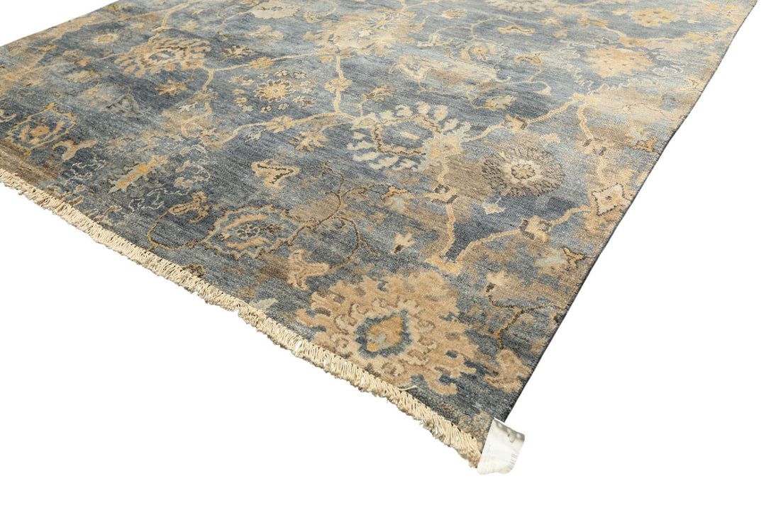 6x9 Slate, Blue, Beige Color Hand Knotted Oushak Wool Transitional Oriental Rug