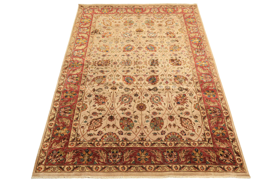 6x9 Tan, Maroon, Gold Color Hand Knotted Kashan Wool &amp; Silk Traditional Oriental Rug
