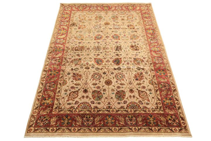 6x9 Tan, Maroon, Gold Color Hand Knotted Kashan Wool &amp; Silk Traditional Oriental Rug