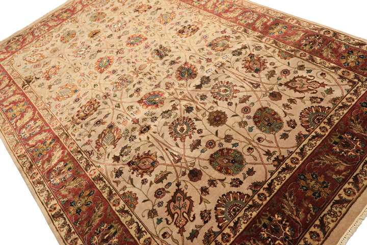 6x9 Tan, Maroon, Gold Color Hand Knotted Kashan Wool &amp; Silk Traditional Oriental Rug