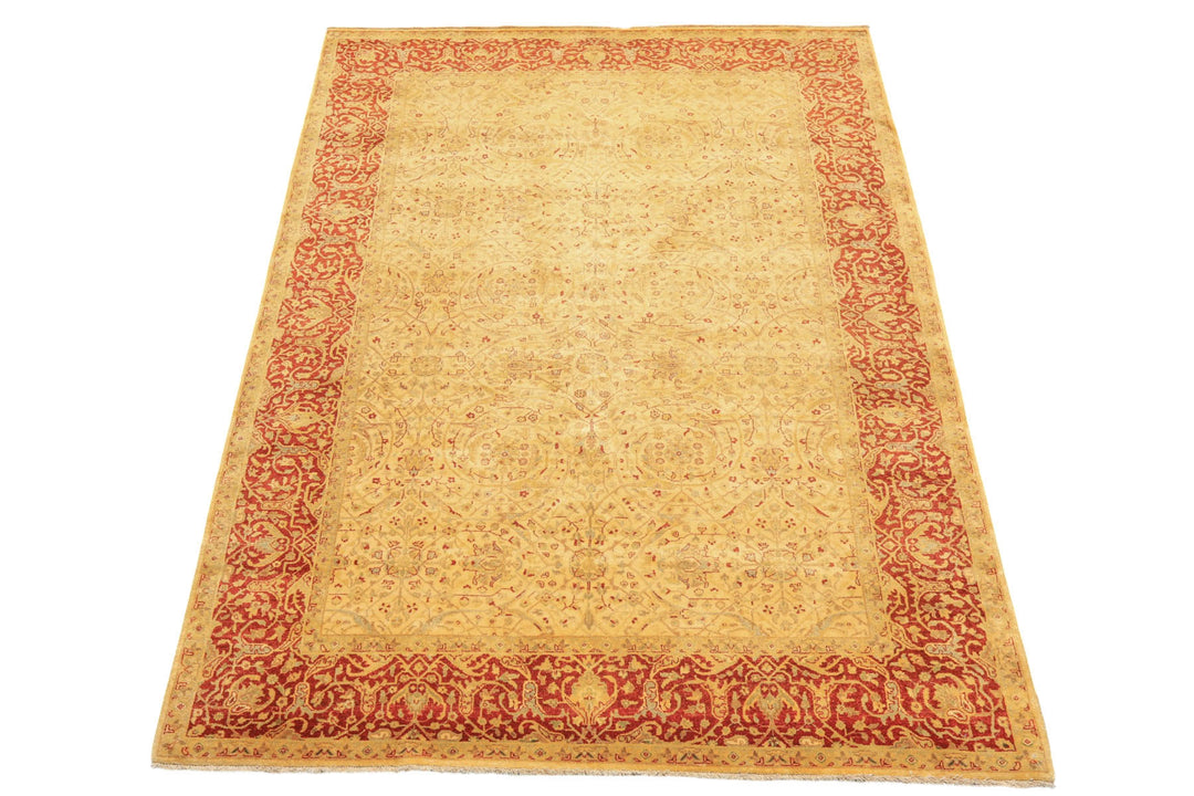 6x9 Beige, Burnt Orange, Mint Color Hand Knotted Agra Wool Traditional Oriental Rug