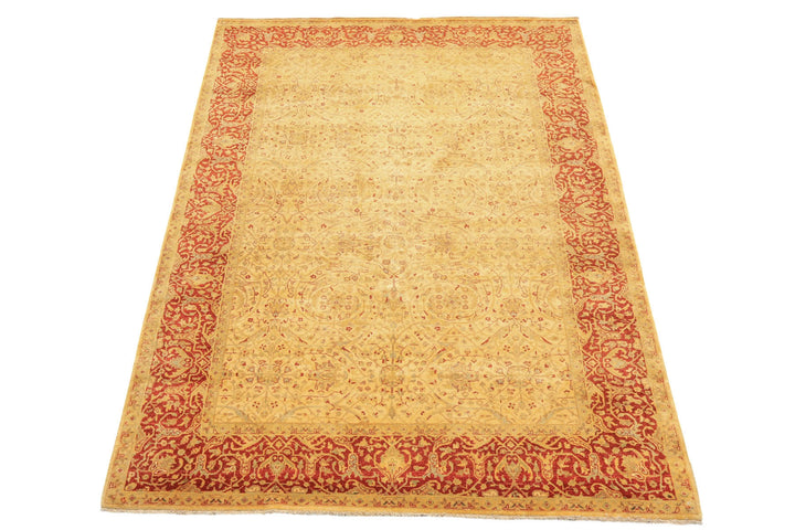 6x9 Beige, Burnt Orange, Mint Color Hand Knotted Agra Wool Traditional Oriental Rug