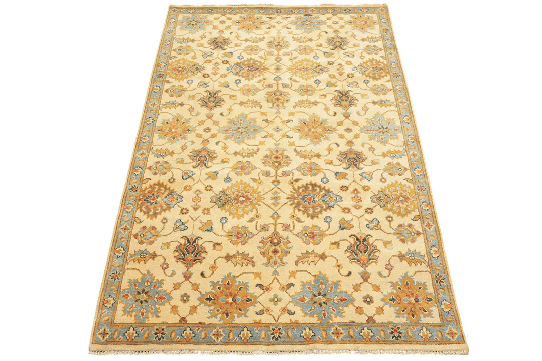 6x9 Beige, Aqua, Gold Color Hand Knotted Oushak Wool Traditional Oriental Rug