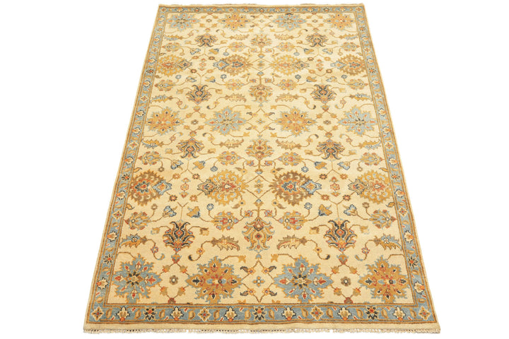 6x9 Beige, Aqua, Gold Color Hand Knotted Oushak Wool Traditional Oriental Rug