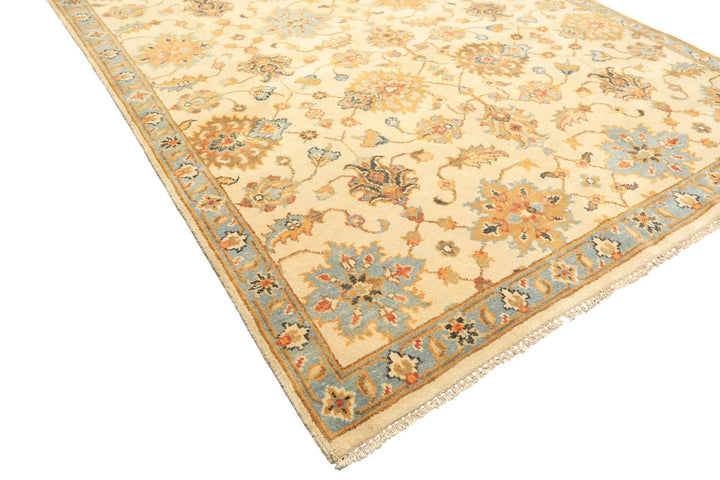 6x9 Beige, Aqua, Gold Color Hand Knotted Oushak Wool Traditional Oriental Rug