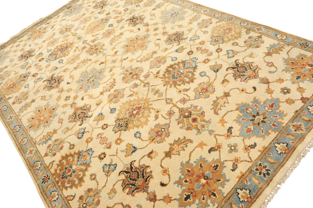 6x9 Beige, Aqua, Gold Color Hand Knotted Oushak Wool Traditional Oriental Rug