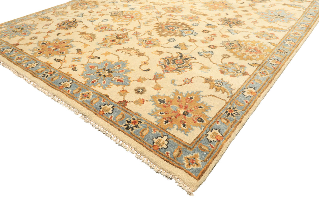 6x9 Beige, Aqua, Gold Color Hand Knotted Oushak Wool Traditional Oriental Rug
