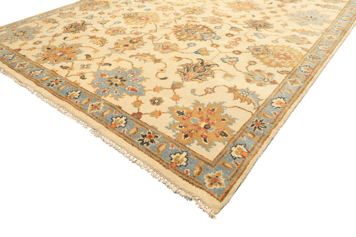 6x9 Beige, Aqua, Gold Color Hand Knotted Oushak Wool Traditional Oriental Rug