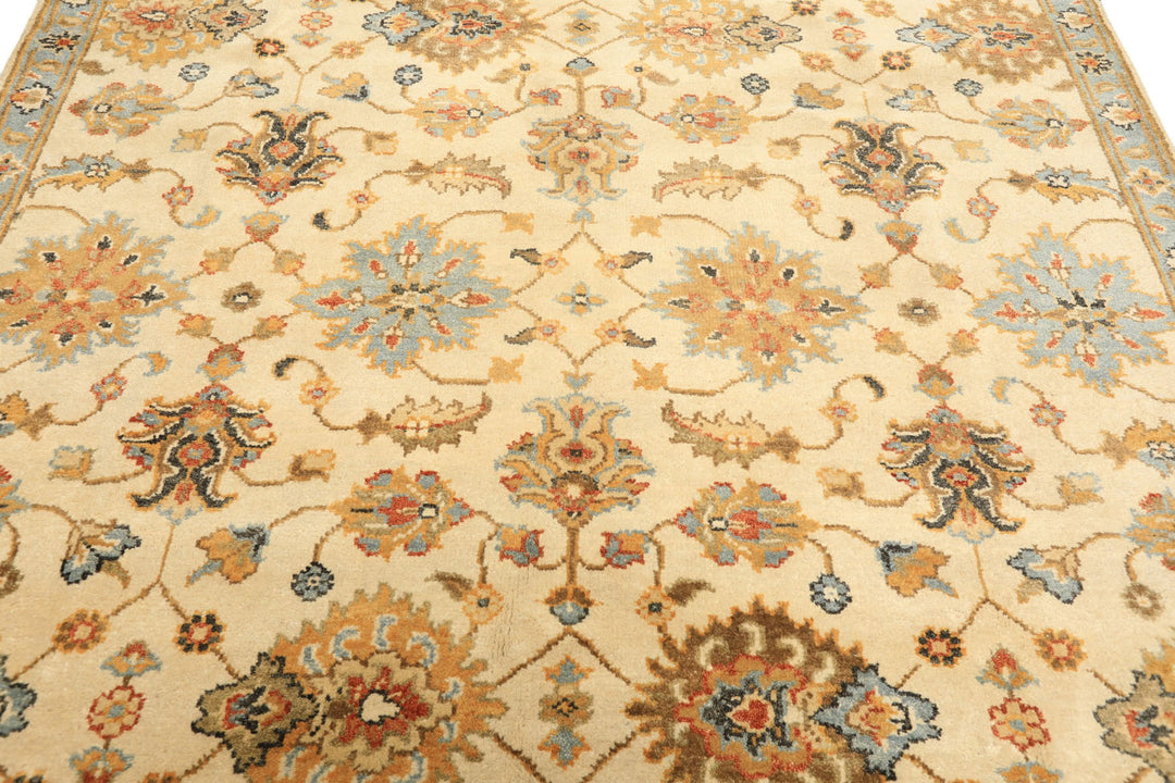 6x9 Beige, Aqua, Gold Color Hand Knotted Oushak Wool Traditional Oriental Rug