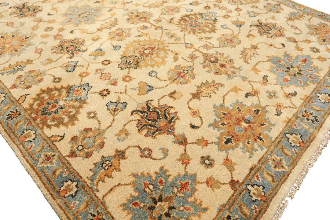 6x9 Beige, Aqua, Gold Color Hand Knotted Oushak Wool Traditional Oriental Rug