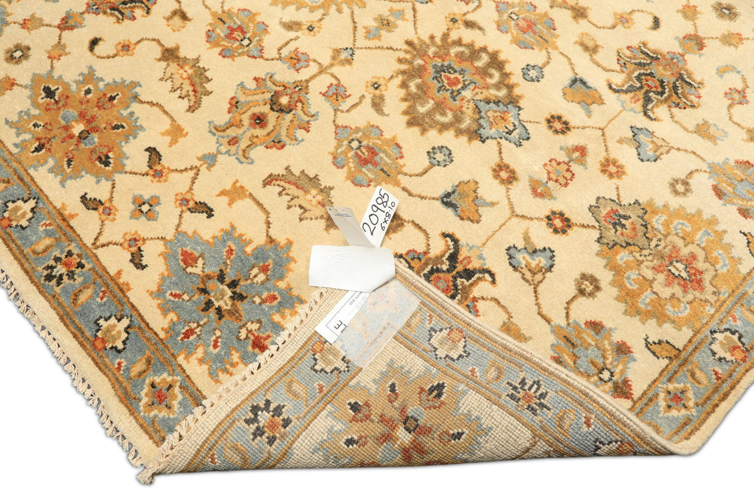 6x9 Beige, Aqua, Gold Color Hand Knotted Oushak Wool Traditional Oriental Rug