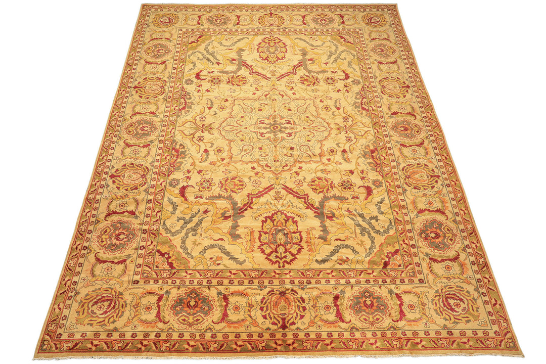 10x14 Beige, Lime, Peach Color Hand Knotted Oushak Wool Traditional Oriental Rug