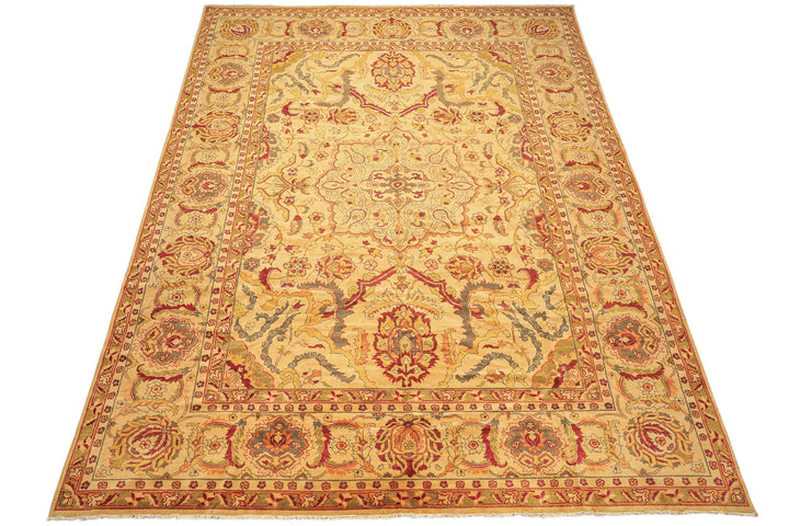 10x14 Beige, Lime, Peach Color Hand Knotted Oushak Wool Traditional Oriental Rug