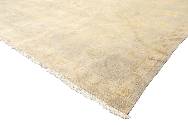 8x10 Taupe, Beige, Turquoise Color Hand Knotted Oushak New Zealand Wool Transitional Oriental Rug
