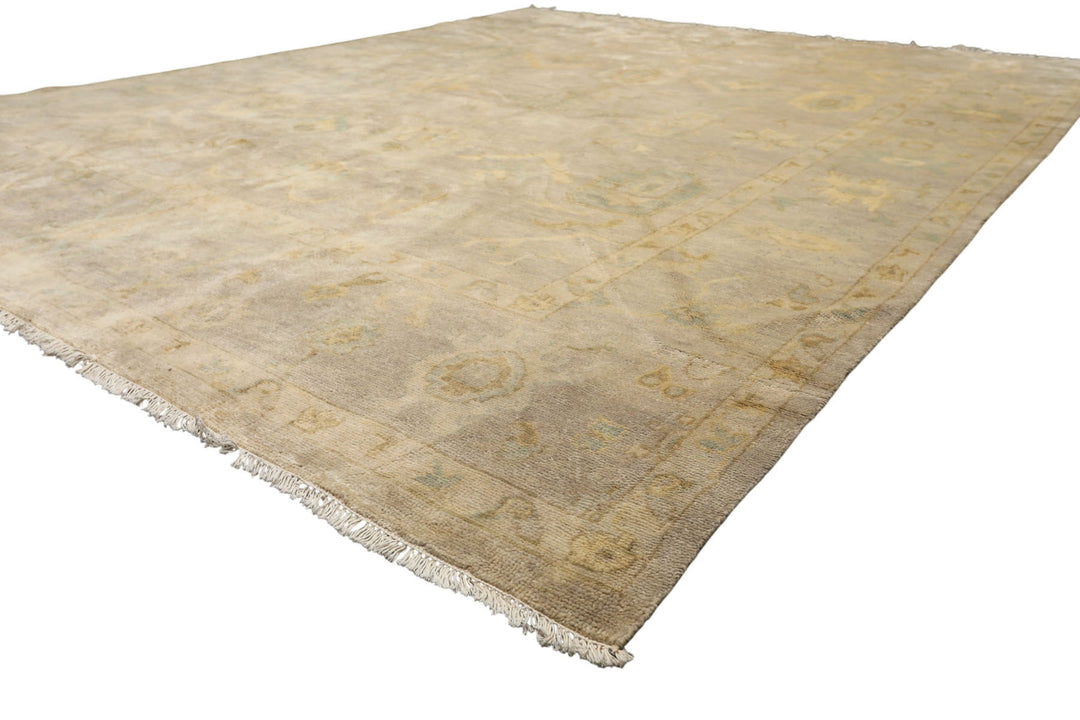 8x10 Taupe, Beige, Turquoise Color Hand Knotted Oushak New Zealand Wool Transitional Oriental Rug