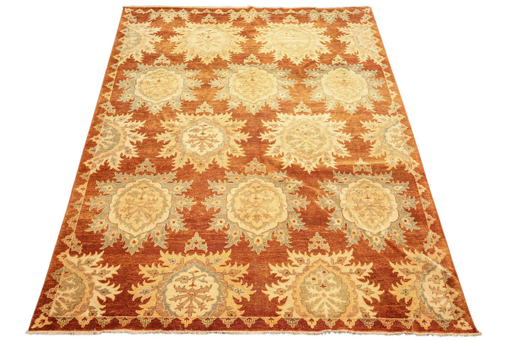 8x10 Caramel, Beige, Celadon Color Hand Knotted Oushak Wool Transitional Oriental Rug