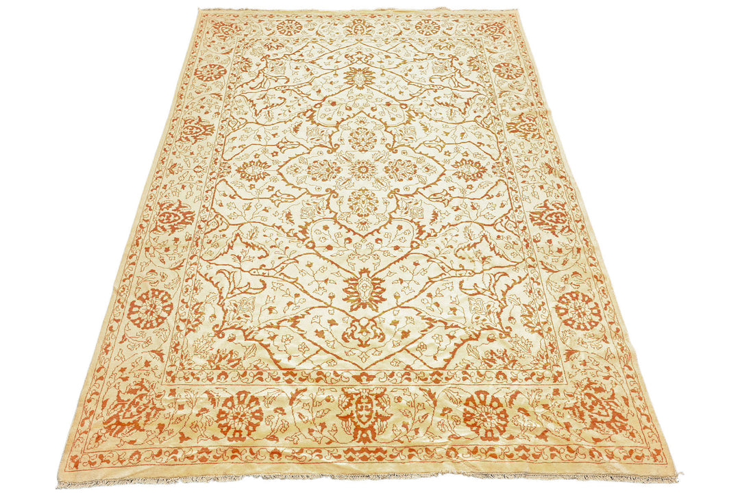 8x11 Ivory, Orange, Color Hand Knotted Pak Persian Wool Transitional Oriental Rug