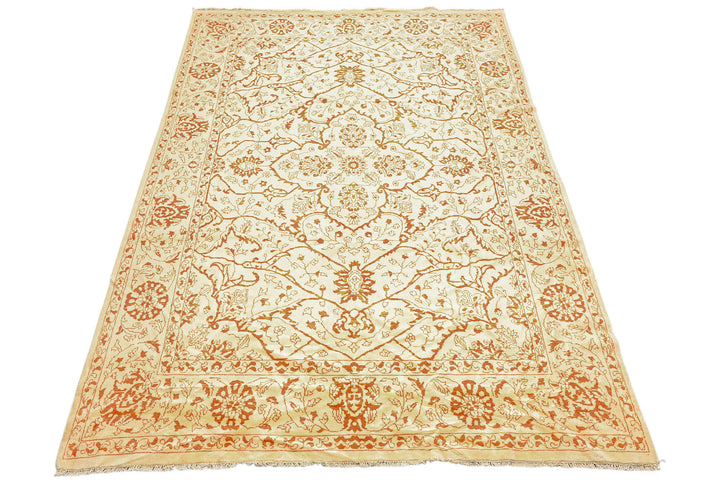 8x11 Ivory, Orange, Color Hand Knotted Pak Persian Wool Transitional Oriental Rug