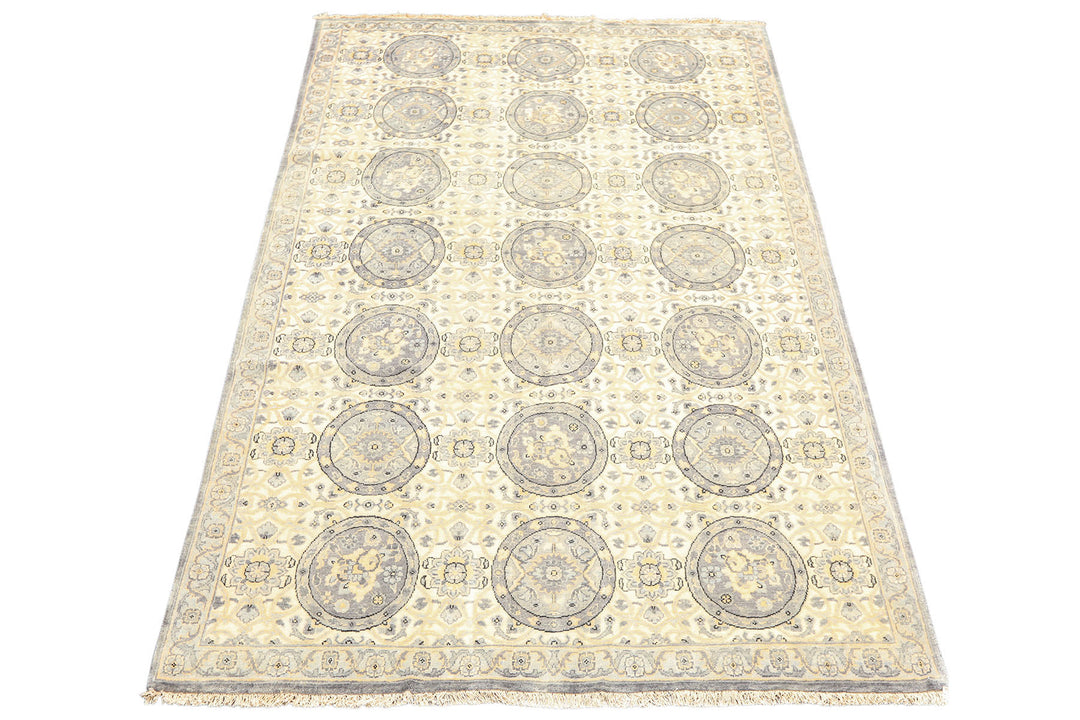 6x9 Ivory, Slate, Blue Color Hand Knotted Oushak Wool Transitional Oriental Rug