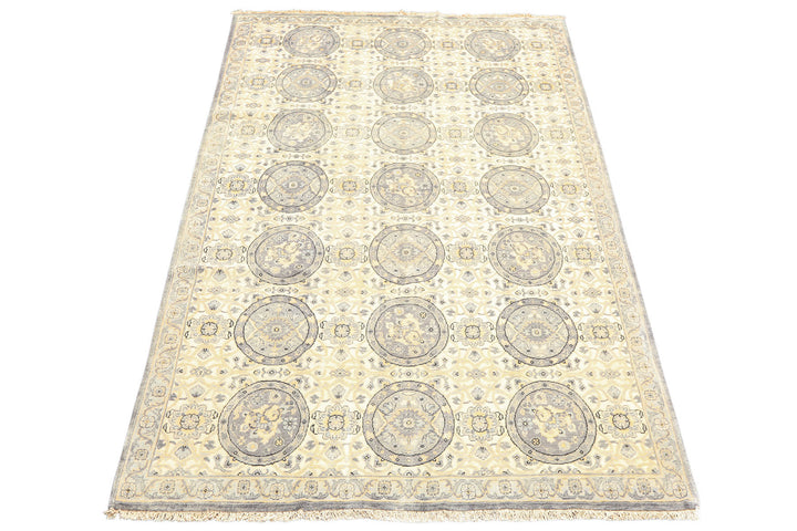 6x9 Ivory, Slate, Blue Color Hand Knotted Oushak Wool Transitional Oriental Rug