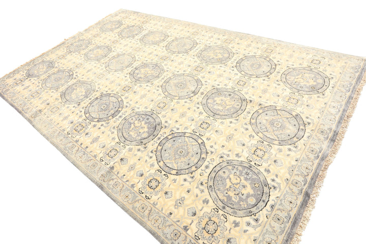 6x9 Ivory, Slate, Blue Color Hand Knotted Oushak Wool Transitional Oriental Rug