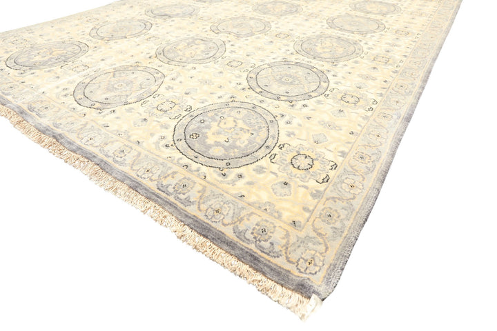6x9 Ivory, Slate, Blue Color Hand Knotted Oushak Wool Transitional Oriental Rug