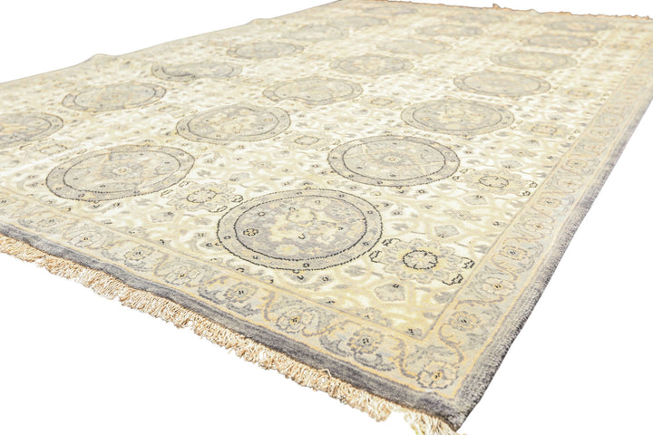 6x9 Ivory, Slate, Blue Color Hand Knotted Oushak Wool Transitional Oriental Rug