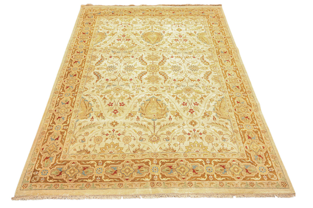 9x12 Warm Beige, Gold, Turquoise Color Hand Knotted Agra Wool Traditional Oriental Rug