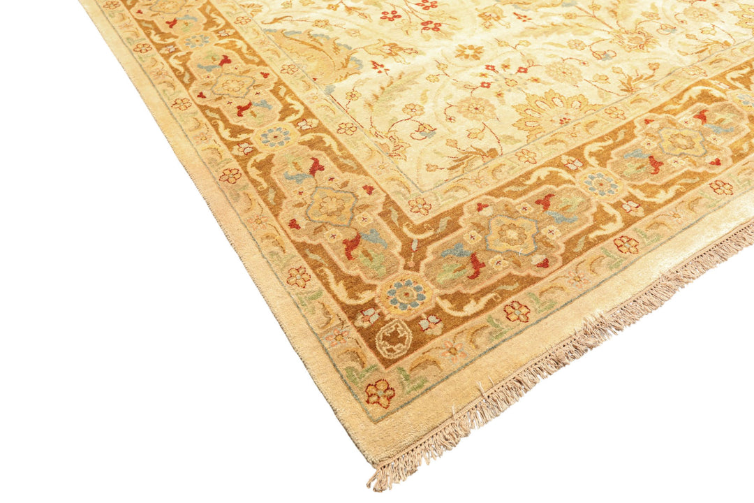 9x12 Warm Beige, Gold, Turquoise Color Hand Knotted Agra Wool Traditional Oriental Rug