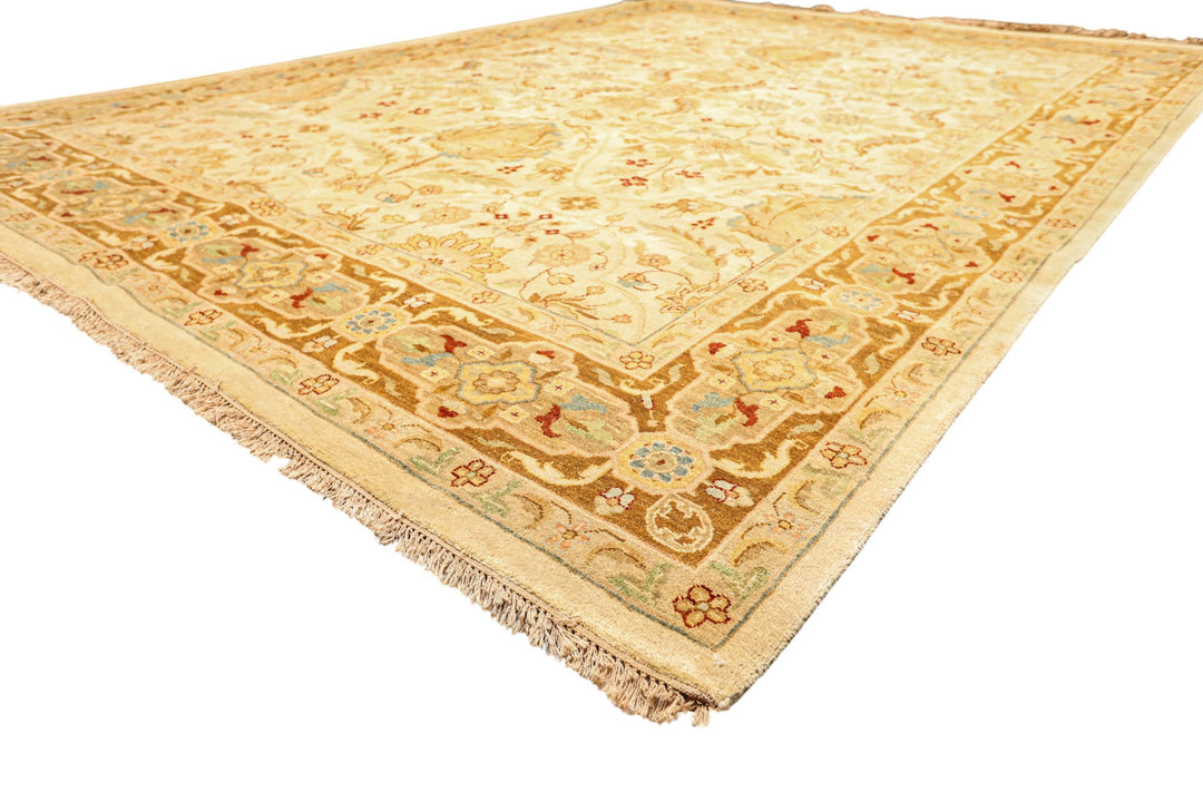 9x12 Warm Beige, Gold, Turquoise Color Hand Knotted Agra Wool Traditional Oriental Rug