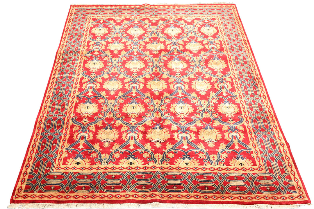 8x10 Red, Navy, Gold Color Hand Knotted Agra Wool Traditional Oriental Rug