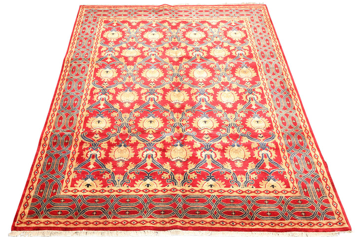 8x10 Red, Navy, Gold Color Hand Knotted Agra Wool Traditional Oriental Rug
