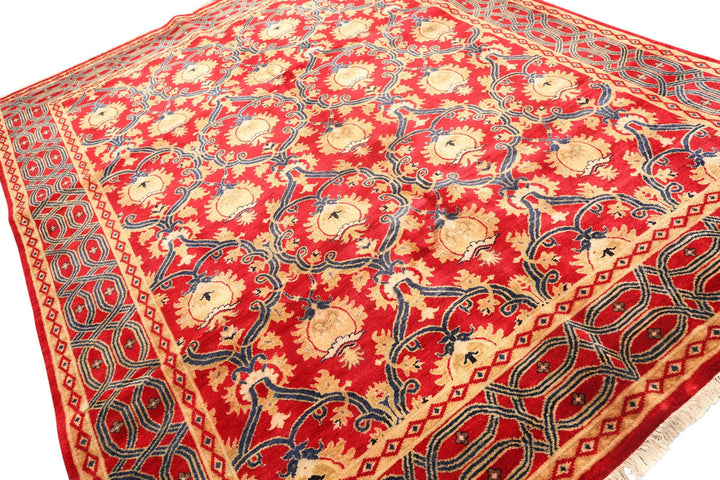 8x10 Red, Navy, Gold Color Hand Knotted Agra Wool Traditional Oriental Rug