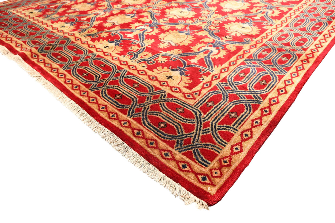 8x10 Red, Navy, Gold Color Hand Knotted Agra Wool Traditional Oriental Rug
