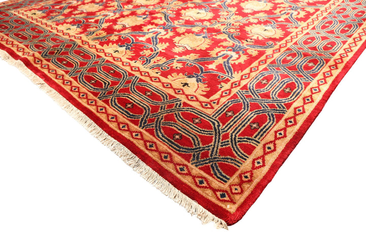 8x10 Red, Navy, Gold Color Hand Knotted Agra Wool Traditional Oriental Rug