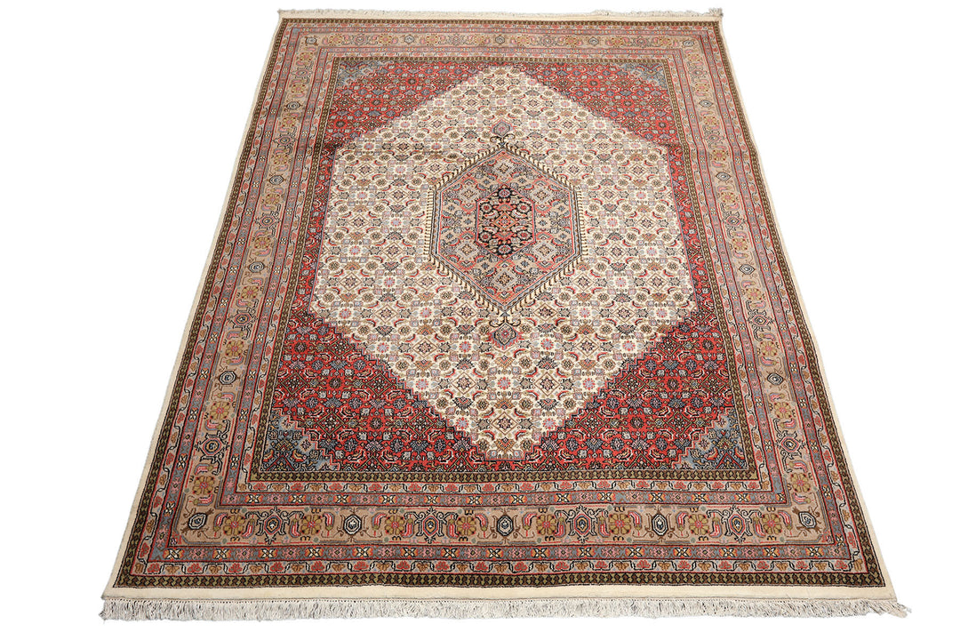 8x10 Ivory, Rose, Tan Color Hand Knotted Indo Bidjar Wool Traditional Oriental Rug